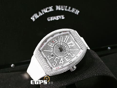 Franck Muller 法蘭穆勒 FM Vanguard V45 精鑲滿天星鑽石面盤 精鑲鑽石錶圈 白色數字時標內圈錶帶 不鏽鋼材質 自動腕錶  滿滿的美鑽耀眼奪目 ， 絕對是目光的焦點，歡迎來店試戴！！ 44x54mm