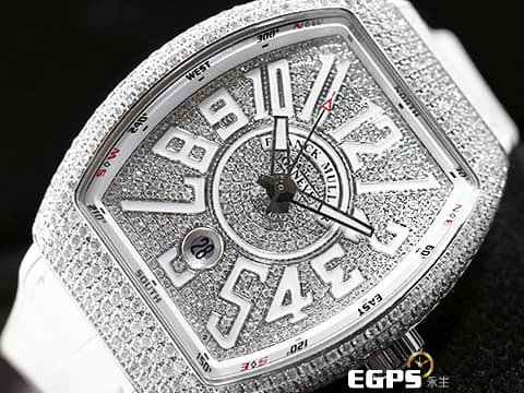 Franck Muller 法蘭穆勒 FM Vanguard V45 精鑲滿天星鑽石面盤 精鑲鑽石錶圈 白色數字時標內圈錶帶 不鏽鋼材質 自動腕錶  滿滿的美鑽耀眼奪目 ， 絕對是目光的焦點，歡迎來店試戴！！ 44x54mm