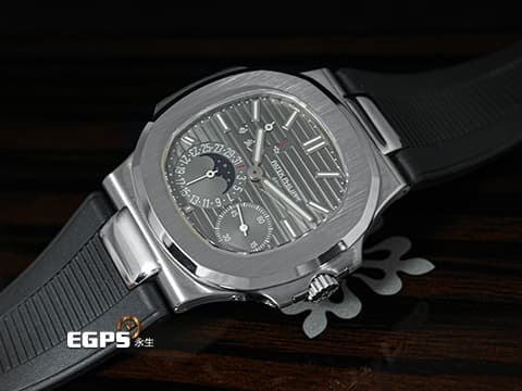 Patek Philippe 百達翡麗 PP錶 Nautilus Moonphase 金鷹 鸚鵡螺 5712G 小秒針 動能顯示 月相盈虧 5712 G 搭配Rubber B黑色橡膠錶帶 18K白金 一代經典 絕版日內瓦印記機芯 自動上鍊 43x38mm