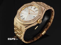 Audemars Piguet 愛彼 AP錶 Royal Oak 皇家橡樹 15551OR.ZZ.1356OR.04 <font color="#f9e6b4">原廠鑲嵌鑽石錶圈 白色Grande Tapisserie格紋錶盤</font>&nbsp;15510 OR 玫瑰金&nbsp;<font color="#ff0000">2023年保卡</font>&nbsp;自動上鍊 37mm