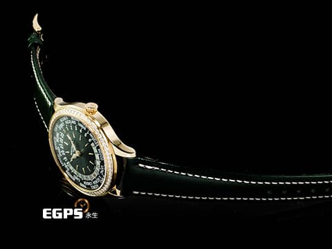 Patek philippe 百達翡麗 PP錶 Complications 複雜功能時計 World Time 世界時區 7130R-014 18K玫瑰金材質&nbsp;&nbsp;原廠鑲嵌89顆鑽石（1.09 克拉）錶圈、錶扣&nbsp;綠色手工雕紋面盤 2025年保單 新錶訂價：2,038,000元 自動上鍊 36mm