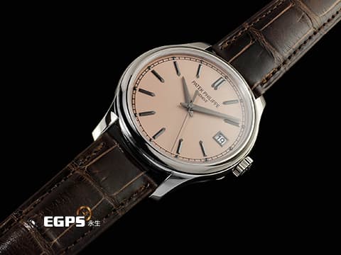PATEK PHILIPPE 百達翡麗 PP Calatrava 系列 經典 5227G-015 18K白金材質 炭灰白金三維多面「子彈」時標 獨特軍官式底蓋&nbsp;鮭魚色面盤 2026年保單  自動上鍊 39mm