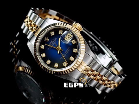 ROLEX 勞力士 DATEJUST 69173 黃K金半金款 稀有漸層藍色面盤    原鑲鑽石時標 五株帶&nbsp;自動上鍊  26mm