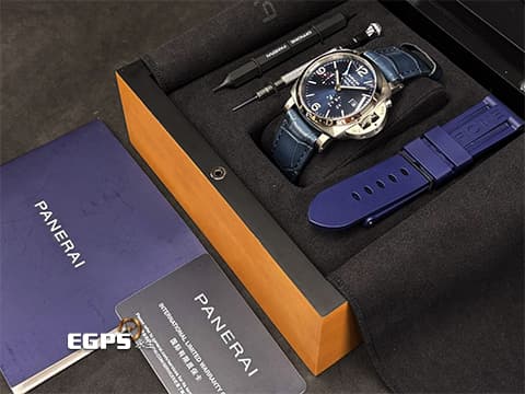 PANERAI 沛納海 Luminor BiTempo Power Reserve PAM1361 經典夜光三明治藍色面盤 PAM01361 三日鍊 小秒針 動能顯示 GMT 兩地時區 2026年保卡&nbsp;自動上鍊 44mm