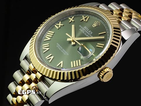 ROLEX 勞力士 DateJust 41 蠔式日誌型 126333 18K黃金材質 半金款 DJ41 經典三角坑紋錶圈 新款綠色面盤搭配金質立體羅馬時標&nbsp;2026年保單 紀念型（Jubilee）五銖錶帶 自動上鍊 41mm