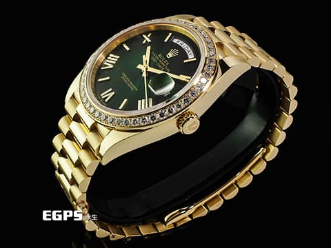 ROLEX 勞力士 DayDate 40 228348RBR 18K黃金材質 228348 原廠鑲嵌鑽石錶圈 煙燻綠色面盤&nbsp;2026年保卡  自動上鍊 40mm