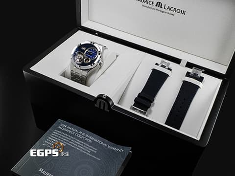 Maurice Lacroix 艾美 AIKON MASTER AI6118 不鏽鋼材質 藍色鏤空面盤 大日期顯示窗&nbsp;快拆式功能錶帶 自由切換鏈帶、橡膠帶&nbsp;2023年保卡 自動上鍊 45mm