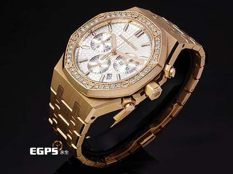 Audemars Piguet 愛彼 AP錶 Royal Oak&nbsp;Selfwinding 皇家橡樹 26715OR.ZZ.1356OR.01 18K玫瑰金材質 原廠鑲嵌40鑽石錶圈（約0.92克拉）鐫刻「Grande Tapisserie」大型格紋裝飾圖案銀色錶面&nbsp;2024年保卡&nbsp;自動上鍊 38mm