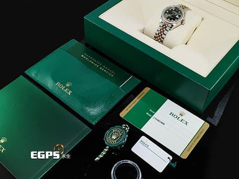 ROLEX 勞力士 Lady-Datejust 279381RBR 279381 蠔式日誌型 不鏽鋼&amp;18K玫瑰金材質 半金款 原鑲鑽石錶圈 橄欖綠色面盤 2018年保卡 紀念型錶帶（Jubilee） 自動上鍊 28mm