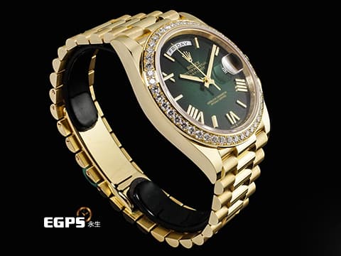 ROLEX 勞力士 DayDate 40 228348RBR 18K黃金材質 228348 原廠鑲嵌鑽石錶圈 煙燻綠色面盤&nbsp;2026年保卡  自動上鍊 40mm