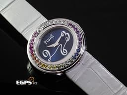 PIAGET 伯爵 Possession  P10402  G0A32168 18K白金材質 原鑲<font color="#fafa01">彩色</font><font color="#fa00fa">寶石</font><font color="#a1e8a2">旋轉</font><font color="#05f0f0">錶圈 </font><font color="#0582f5">藍色面盤</font>&nbsp;石英機芯 29mm