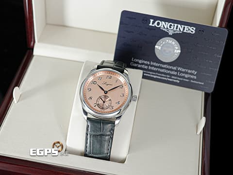 LONGINES 浪琴 Master Collection 名匠 巨擘系列 L28434932&nbsp;緞面紋鮭魚面盤 雕鑿式復古字體時標&nbsp;小秒針 不鏽鋼&nbsp;2023年台灣公司貨&nbsp;自動上鍊 38.5mm