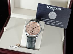LONGINES 浪琴 Master Collection 名匠 巨擘系列 L28434932&nbsp;<font color="#f2a650">緞面紋鮭魚面盤 雕鑿式復古字體時標</font>&nbsp;小秒針 不鏽鋼<font color="#FF0000">&nbsp;2023年台灣公司貨</font>&nbsp;自動上鍊 38.5mm