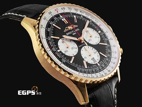 BREITLING 百年靈 Navitimer B01-Chronograph 43 航空計時 18K玫瑰金材質 RB0138211B1P1 經典環形飛行滑尺 黑色熊貓面盤 自製B01機芯 2026年保卡 重約3.38兩&nbsp; 自動上鍊 飛行錶 43mm