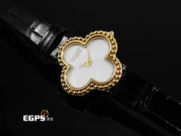 Van Cleef &amp; Arpels 梵克雅寶 Alhambra 系列&nbsp;VCARD22000 18K黃金材質 <font color="#fafa01">四葉幸運草</font>&nbsp;<font color="#05f0f0">白色珍珠貝母錶盤</font>&nbsp;石英機芯 38mm
