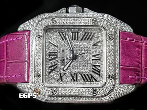 CARTIER 卡地亞 Santos 100 山度士 中型 精鑲滿天星鑽石面盤、鑲鑽錶圈&nbsp;紫色客製化皮革錶帶 自動上鍊 36mm