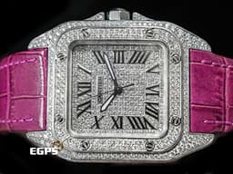CARTIER 卡地亞 Santos 100 山度士 中型 <font color="#05f0f0">精鑲滿天星鑽石面盤、鑲鑽錶圈</font>&nbsp;<font color="#fa00fa">紫色客製化皮革錶帶</font> 自動上鍊 36mm
