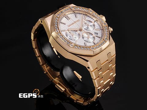 Audemars Piguet 愛彼 AP錶 Royal Oak&nbsp;Selfwinding 皇家橡樹 26715OR.ZZ.1356OR.01 18K玫瑰金材質 原廠鑲嵌40鑽石錶圈（約0.92克拉）鐫刻「Grande Tapisserie」大型格紋裝飾圖案銀色錶面&nbsp;2024年保卡&nbsp;自動上鍊 38mm