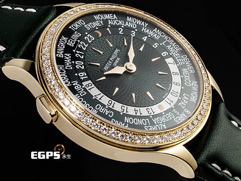 Patek philippe 百達翡麗 PP錶 Complications 複雜功能時計 World Time 世界時區 7130R-014 18K玫瑰金材質&nbsp;&nbsp;原廠鑲嵌89顆鑽石（1.09 克拉）錶圈、錶扣&nbsp;綠色手工雕紋面盤 2025年保單 新錶訂價：2,038,000元 自動上鍊 36mm
