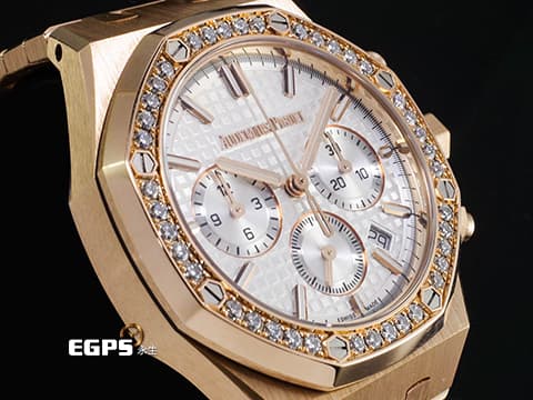 Audemars Piguet 愛彼 AP錶 Royal Oak&nbsp;Selfwinding 皇家橡樹 26715OR.ZZ.1356OR.01 18K玫瑰金材質 原廠鑲嵌40鑽石錶圈（約0.92克拉）鐫刻「Grande Tapisserie」大型格紋裝飾圖案銀色錶面&nbsp;2024年保卡&nbsp;自動上鍊 38mm