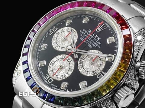 ROLEX 勞力士 Daytona 迪通拿 116509 18K白金材質&nbsp;精鑲彩虹圈、鑽石錶耳、鑲鑽時標&nbsp;自動上鏈&nbsp;40mm