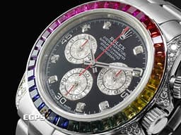 ROLEX 勞力士 Daytona 迪通拿 116509 18K白金材質&nbsp;<font color="#05f0f0">精鑲彩虹圈、鑽石錶耳、鑲鑽時標</font>&nbsp;自動上鏈&nbsp;40mm