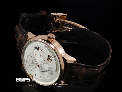 Glashutte Original 格拉蘇蒂 Pano Matic Lunar 偏心系列 1-92-09-02-05-62 18K玫瑰金材質 年曆錶 月相盈虧 大日期窗 逆跳月份顯示 100小時動力儲存   德國腕錶工藝 招牌雙鵝頸 3/4夾板 偏心面盤   2023年保卡 台灣公司貨 自動上鍊 42mm