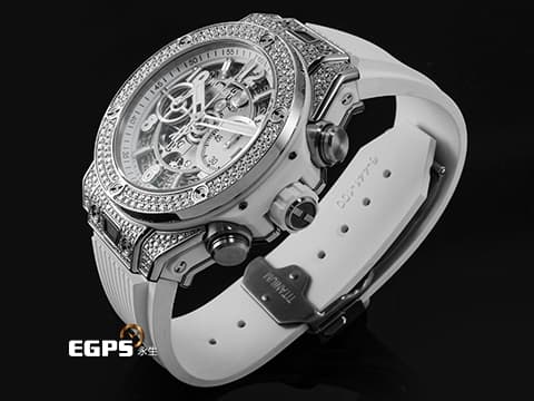Hublot 宇舶 BIG BANG 大爆炸 Unico Titanium&nbsp;441.NE.2011.RW.1704 鈦金屬材質 原廠鑲嵌170顆鑽石錶殼（共0.8克拉） 126顆鑽石錶圈（共1.1克拉） 2024年電子保單 飛返計時碼錶 自動上鍊 42mm