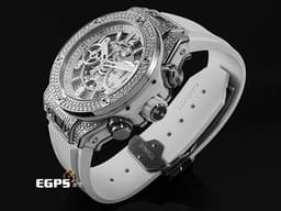 Hublot 宇舶 BIG BANG 大爆炸 Unico Titanium&nbsp;441.NE.2011.RW.1704 鈦金屬材質 <font color="#05f0f0">原廠鑲嵌170顆鑽石錶殼（共0.8克拉） 126顆鑽石錶圈（共1.1克拉）</font> <font color="#ff0000">2024年電子保單</font> 飛返計時碼錶 自動上鍊 42mm