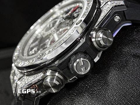 HUBLOT 宇舶 Big Bang Unico 45 Titanium 大爆炸 411.NE.2010.LR.JSM15 鈦金屬 飛返 計時碼表 精鑲鑽石、梯鑽錶框、鑽石時標 鏤空面盤 自動上鍊 45mm