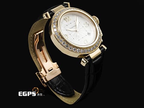 CARTIER 卡地亞 PASHA DE CARTIER 帕夏 2519 大型款 18K黃金材質&nbsp;原廠鑲嵌鑽石錶圈&nbsp;白色扭索面盤 極具辨識度的鑲嵌鑽石錶冠鎖設計&nbsp;自動上鏈 32mm
