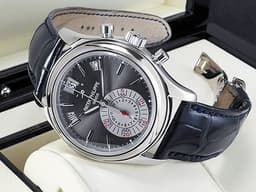 Patek philippe 百達翡麗 PP錶 Annual Calendar 複雜功能系列 5960P <font color="#05f0f0">PT950 鉑金材質 飛返計時 年曆錶</font>&nbsp;<font color="#f7ffd1">碳灰色放射紋面盤</font> 自動上鍊 40.5mm