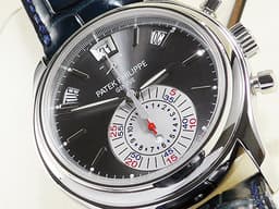 Patek philippe 百達翡麗 PP錶 Annual Calendar 複雜功能系列 5960P <font color="#05f0f0">PT950 鉑金材質 飛返計時 年曆錶</font>&nbsp;<font color="#f7ffd1">碳灰色放射紋面盤</font> 自動上鍊 40.5mm