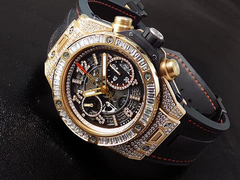 HUBLOT 宇舶 Big Bang 大爆炸 Unico 王金玫瑰金 411.OX.1180.RX.0904 原鑲鑽錶，大梯鑽錶圈，鏤空鑲鑽面盤 飛返計時 三日鍊 自動上鍊 45mm