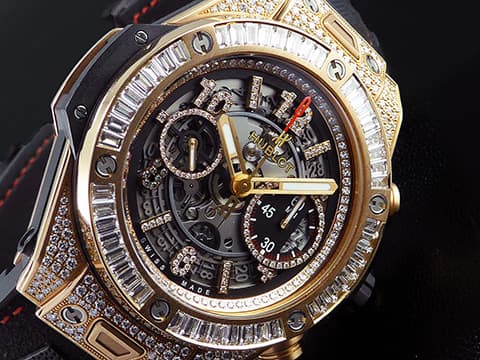 HUBLOT 宇舶 Big Bang 大爆炸 Unico 王金玫瑰金 411.OX.1180.RX.0904 原鑲鑽錶，大梯鑽錶圈，鏤空鑲鑽面盤 飛返計時 三日鍊 自動上鍊 45mm