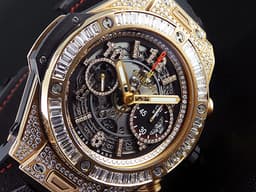 HUBLOT 宇舶 Big Bang 大爆炸 Unico 王金玫瑰金 411.OX.1180.RX.0904 <font color="#FF0000">原鑲鑽錶，大梯鑽錶圈，鏤空鑲鑽面盤</font> 飛返計時 三日鍊 自動上鍊 45mm