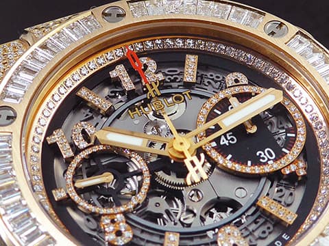 HUBLOT 宇舶 Big Bang 大爆炸 Unico 王金玫瑰金 411.OX.1180.RX.0904 原鑲鑽錶，大梯鑽錶圈，鏤空鑲鑽面盤 飛返計時 三日鍊 自動上鍊 45mm