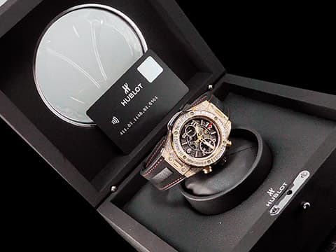 HUBLOT 宇舶 Big Bang 大爆炸 Unico 王金玫瑰金 411.OX.1180.RX.0904 原鑲鑽錶，大梯鑽錶圈，鏤空鑲鑽面盤 飛返計時 三日鍊 自動上鍊 45mm