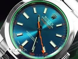 ROLEX 勞力士 Milgauss 抗磁 116400GV Z Blue <font color="#f49c62">閃電秒針</font>&nbsp;<font color="#67f96a">停產款&nbsp;綠玻璃</font> <font color="#05f0f0">藍色面盤</font> <font color="#FF0000"> 2023年保卡</font>&nbsp;自動上鍊 40mm
