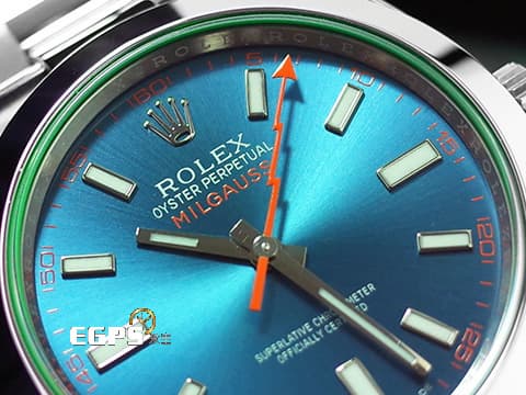 ROLEX 勞力士 Milgauss 抗磁 116400GV Z Blue 閃電秒針&nbsp;停產款&nbsp;綠玻璃 藍色面盤  2023年保卡&nbsp;自動上鍊 40mm
