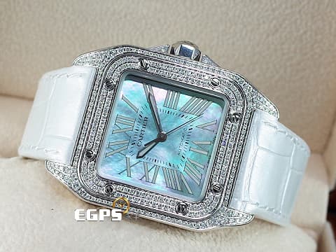 CARTIER 卡地亞 Santos 100  淺藍色珍珠貝母面盤 山度士 中型 精鑲鑽圈 自動上鍊 36mm