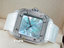CARTIER 卡地亞 Santos 100  <font color="#05f0f0">淺藍色珍珠貝母面盤</font> 山度士 中型 精鑲鑽圈 自動上鍊 36mm