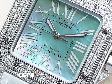 CARTIER 卡地亞 Santos 100  淺藍色珍珠貝母面盤 山度士 中型 精鑲鑽圈 自動上鍊 36mm