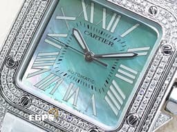 CARTIER 卡地亞 Santos 100  <font color="#05f0f0">淺藍色珍珠貝母面盤</font> 山度士 中型 精鑲鑽圈 自動上鍊 36mm