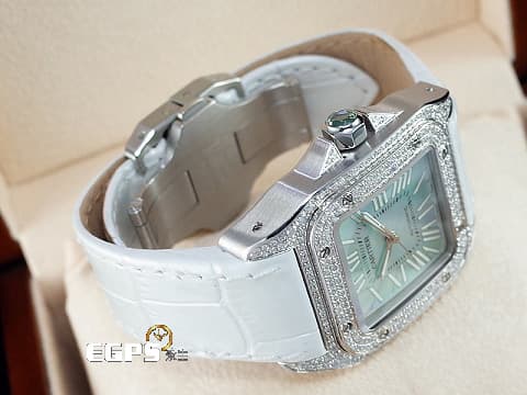 CARTIER 卡地亞 Santos 100  淺藍色珍珠貝母面盤 山度士 中型 精鑲鑽圈 自動上鍊 36mm