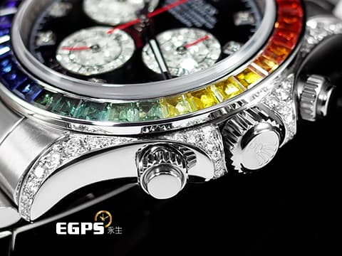 ROLEX 勞力士 Daytona 迪通拿 116509 18K白金材質&nbsp;精鑲彩虹圈、鑽石錶耳、鑲鑽時標&nbsp;自動上鏈&nbsp;40mm
