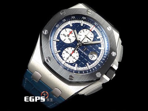 Audemars Piguet 愛彼 AP錶 Royal Oak Offshore 皇家橡樹離岸型 26401PO.OO.A018CR.01 PT950鉑金材質 藍色面盤、原廠藍色皮帶 鉑金貓 2019年新式保卡 附藍色橡膠錶帶 計時碼錶 陶瓷框 自動上鏈 44mm