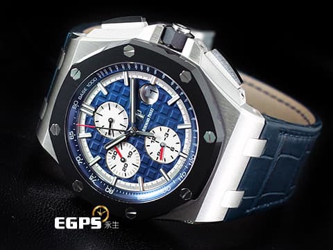 Audemars Piguet 愛彼 AP錶 Royal Oak Offshore 皇家橡樹離岸型 26401PO.OO.A018CR.01 PT950鉑金材質 藍色面盤、原廠藍色皮帶 鉑金貓 2019年新式保卡 附藍色橡膠錶帶 計時碼錶 陶瓷框 自動上鏈 44mm