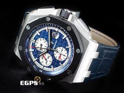 Audemars Piguet 愛彼 AP錶 Royal Oak Offshore 皇家橡樹離岸型 26401PO.OO.A018CR.01 PT950鉑金材質 <font color=#49bcd7>藍色面盤、原廠藍色皮帶</font> <font color=#ff0000>鉑金貓 2019年新式保卡 附藍色橡膠錶帶</font> 計時碼錶 陶瓷框 自動上鏈 44mm