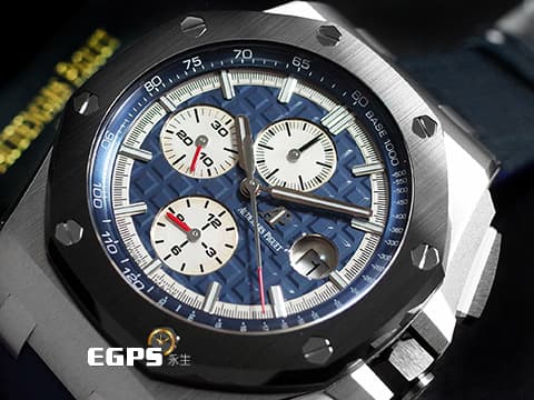 Audemars Piguet 愛彼 AP錶 Royal Oak Offshore 皇家橡樹離岸型 26401PO.OO.A018CR.01 PT950鉑金材質 藍色面盤、原廠藍色皮帶 鉑金貓 2019年新式保卡 附藍色橡膠錶帶 計時碼錶 陶瓷框 自動上鏈 44mm